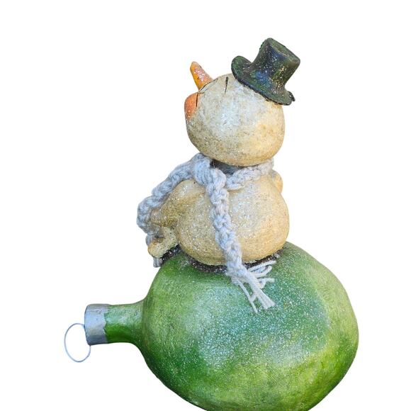 Vintage - Style Snow Man Folk Art Sitting On A Christmas Tree Bulb - Picture 5 of 10